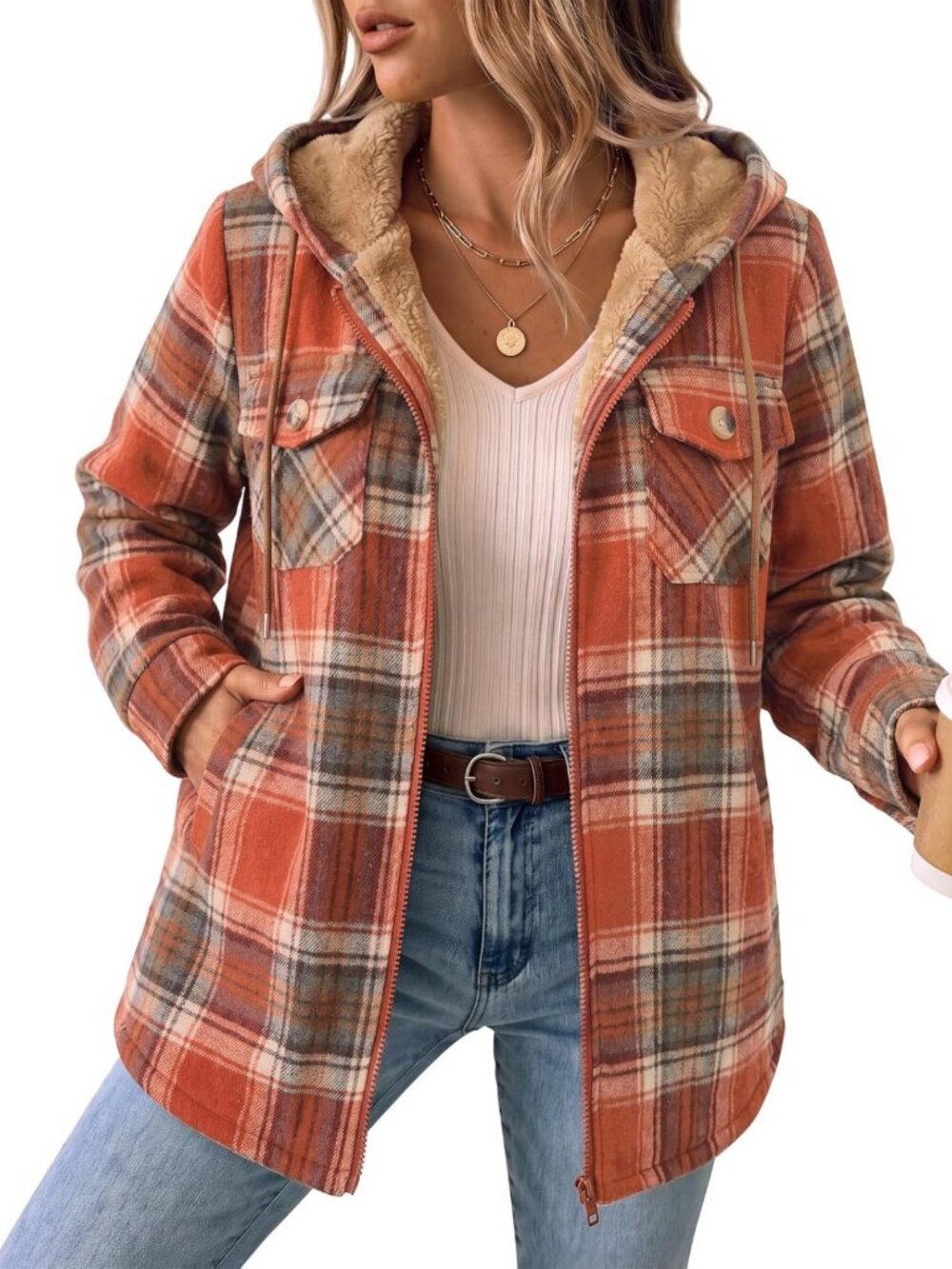 Cozy Plaid Flannel Shacket with Fleece Lining & Hood - Winter Jacket for Women